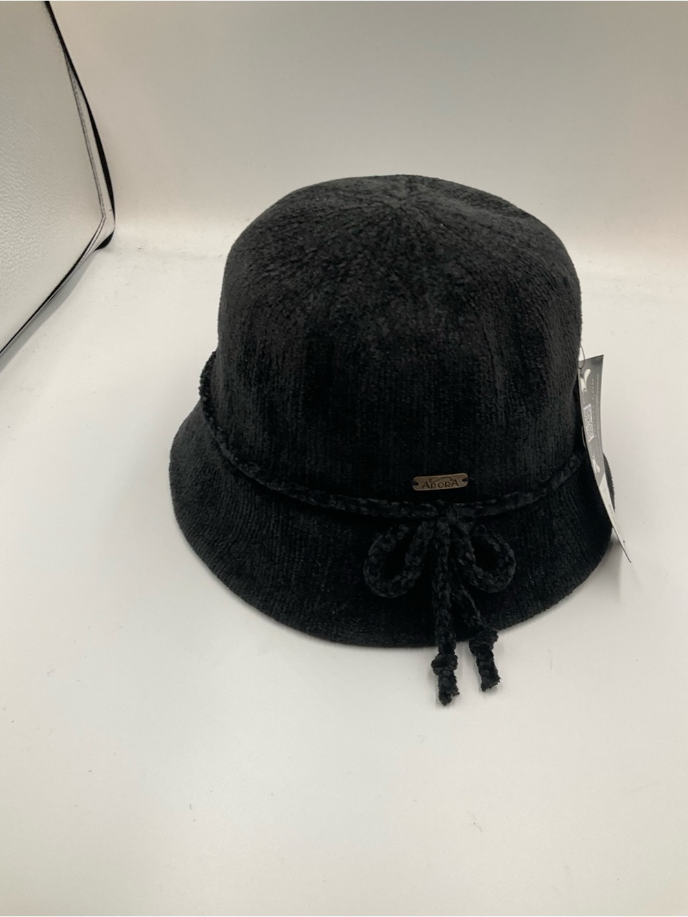 ADORA Black Plush Bucket Hat with Braided Bow